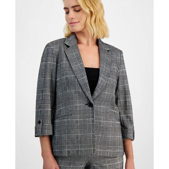 Anne Klein Plaid One-Button 3/4-Sleeve Blazer In Black And White Size Med - Picture 1 of 6